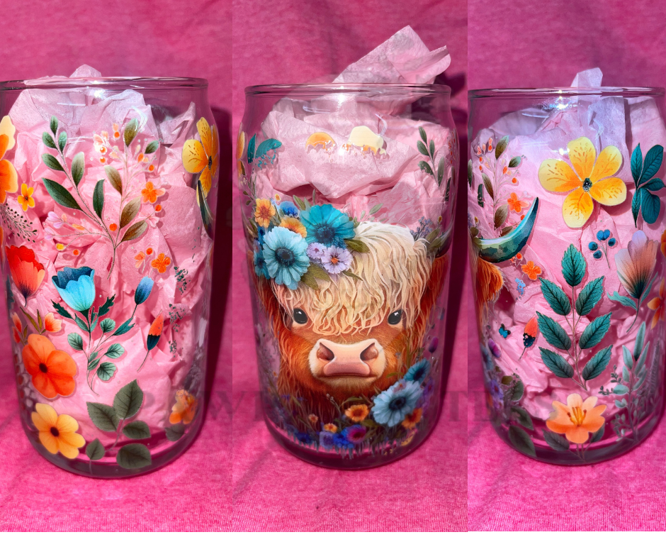 12oz Highland Cow and Flowers Glass Can Cup